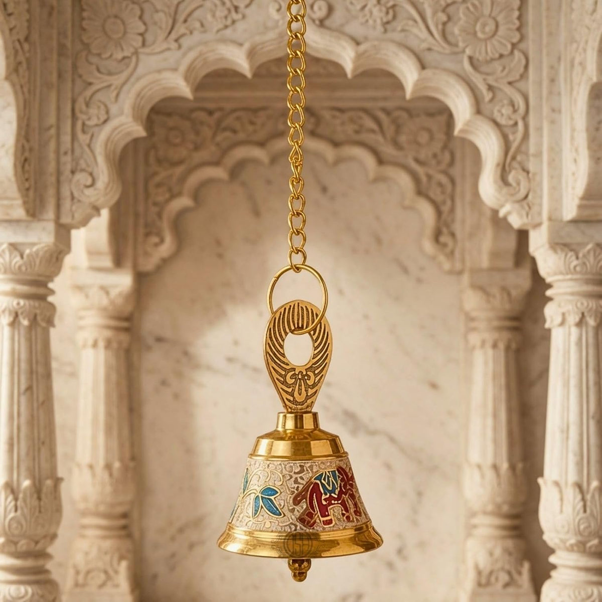 DSH Pure Brass Hanging Bell with Chain for Temple Mandir Door Home Decorative Ringing Bell (White, 1)