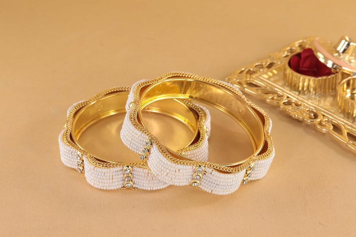 NMII Stylish Alloy Metal Kada Set for Women & Girls with Zircon Diamond Stone and Pearls Work | Traditional Gold-Plated Bangle Set for Women | Women's Kade For Wedding, Party, Ocassion- Set of 4