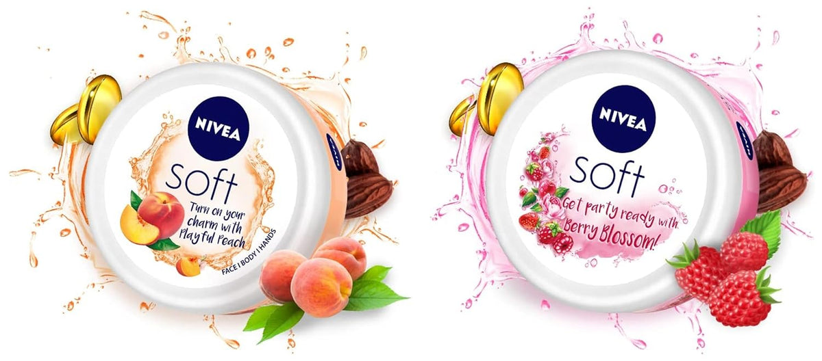 Nivea Soft Light Moisturizer Cream, Playful Peach, With Vitamin E & Jojoba Oil For Face,100 Ml & Nivea Soft Berry Blossom, Light Moisturizer For Face, Hand & Body,With Vitamin E & Jojoba Oil, 100ml