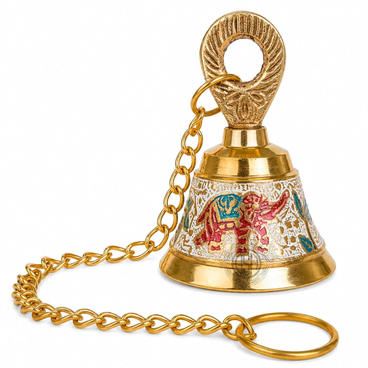 DSH Pure Brass Hanging Bell with Chain for Temple Mandir Door Home Decorative Ringing Bell (White, 1)