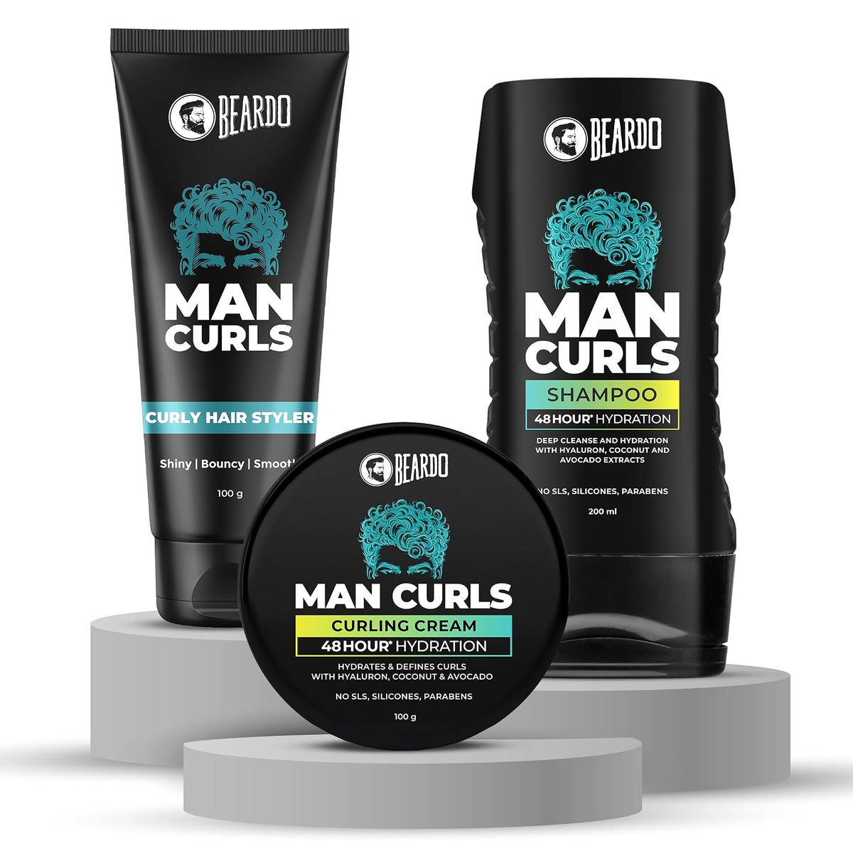 Beardo Man Curls Combo for Men: Shampoo (200ml), Curling Cream (100g) & Curling Hair Styler (100g) – 3-Step Routine for Frizz-Free, Defined Curls & Long-Lasting Hold (Set of 3)