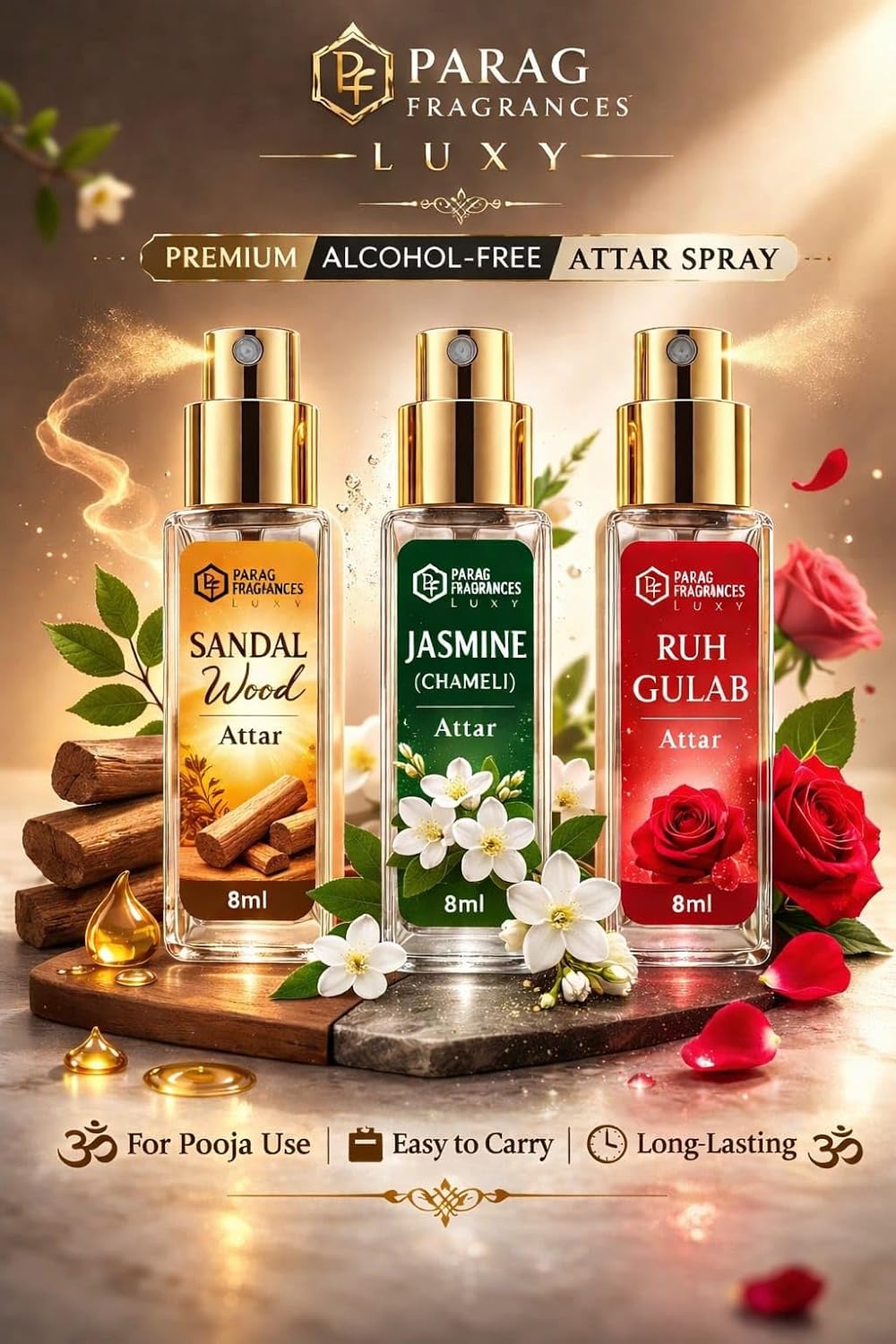 Parag Fragrances Combo Pack of Long Lasting Attar Perfume 8ml x 3 pc Total 24ml Perfume Spray For Men and Women (Mysore Sandal/Jasmine/Ruh Gulab)