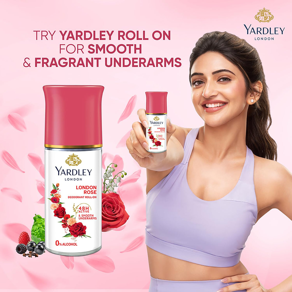 Yardley London London Rose Underarm Deodorant Roll On | With Licorirce Extract & Floral Extracts | Smooth & Eventoned Underarms | 72 H Long Lasting Floral Scent| 0% Alcohol & Dermat Approved | For Women | 50ml