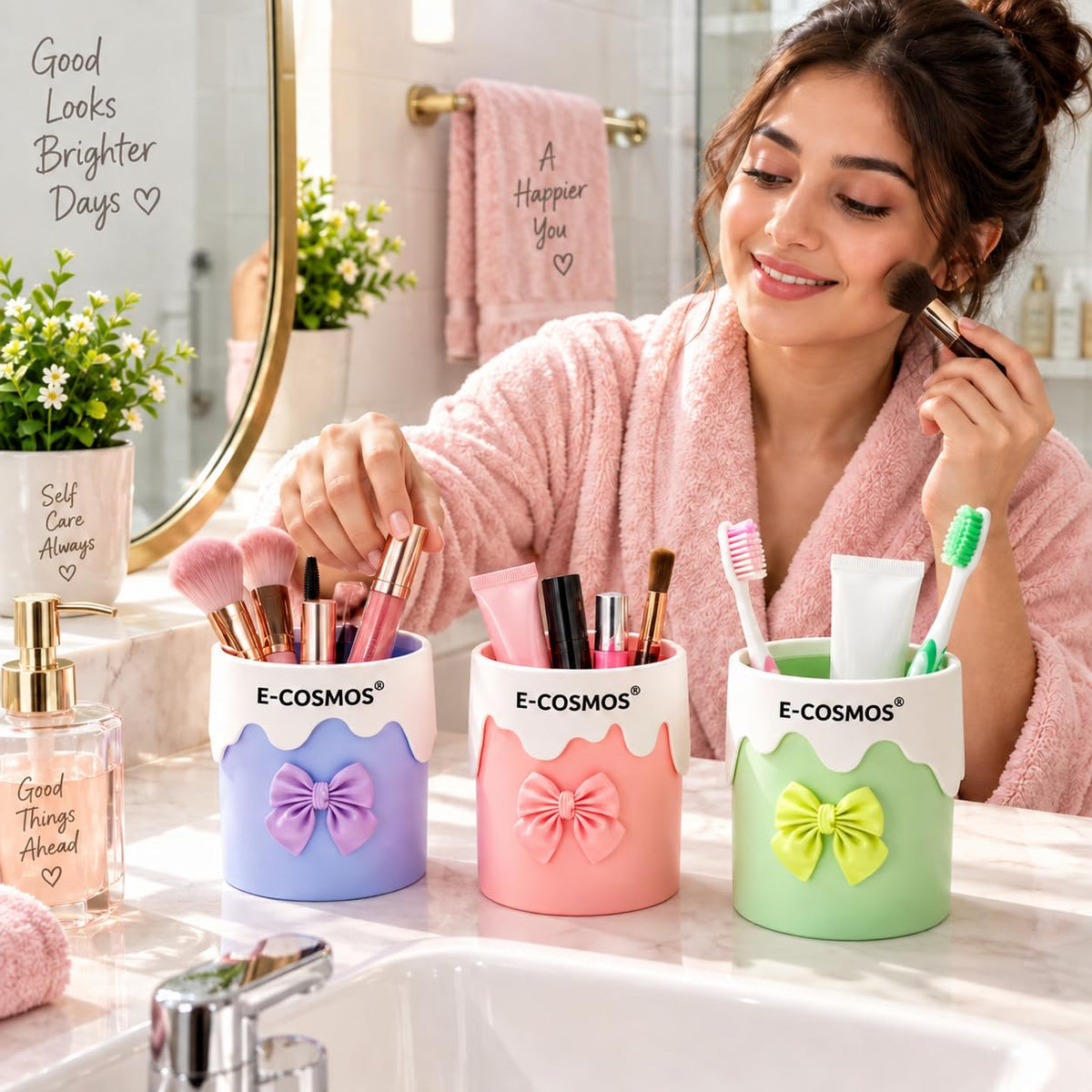 E-COSMOS® Wall Mounted Cosmetic Organizer Cup with Bow Design, Makeup Brush Holder, Toothbrush Holder, Desk Storage Container for Bathroom, Dressing Table & Stationery, Pastel Colors