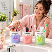 E-COSMOS® Wall Mounted Cosmetic Organizer Cup with Bow Design, Makeup Brush Holder, Toothbrush Holder, Desk Storage Container for Bathroom, Dressing Table & Stationery, Pastel Colors
