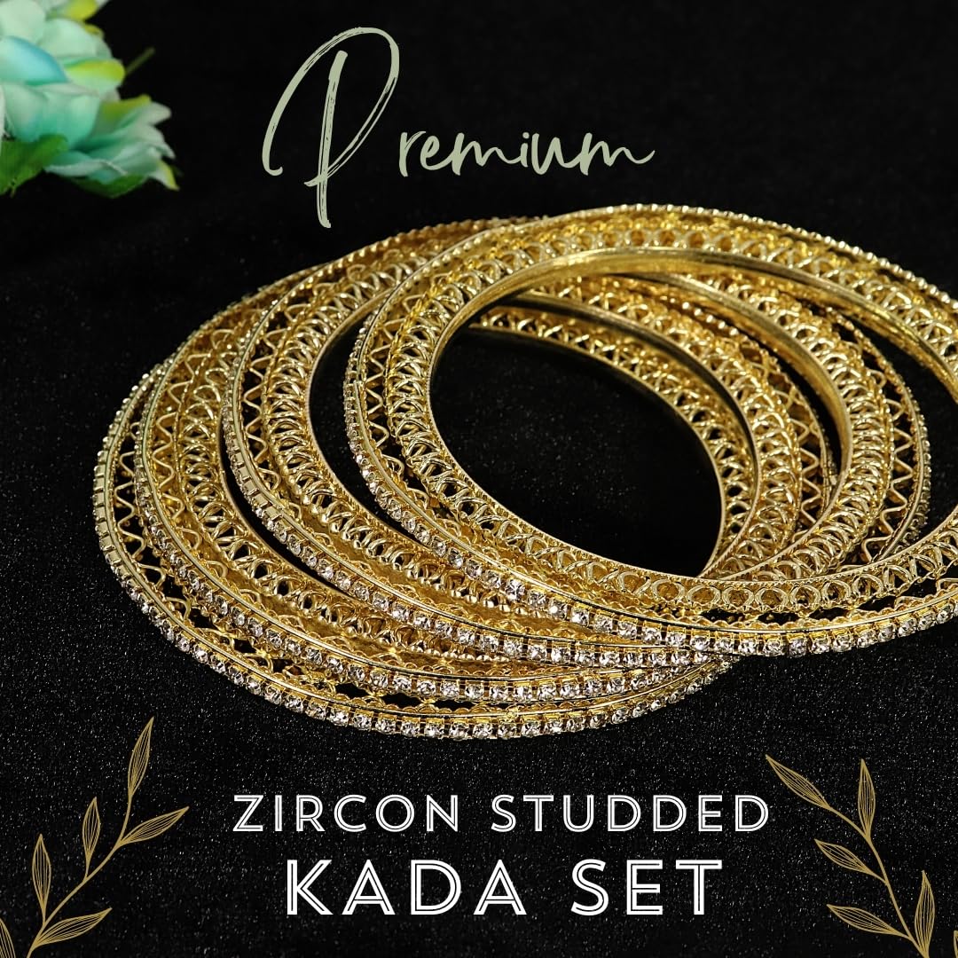NMII Premium Gold Plated Metal American Diamond Bangles For Women & Girls | Traditional Golden Bangles | AD Stone Work | White Diamond Bangles Set For Wedding, Party, Ocassion-Set of 4