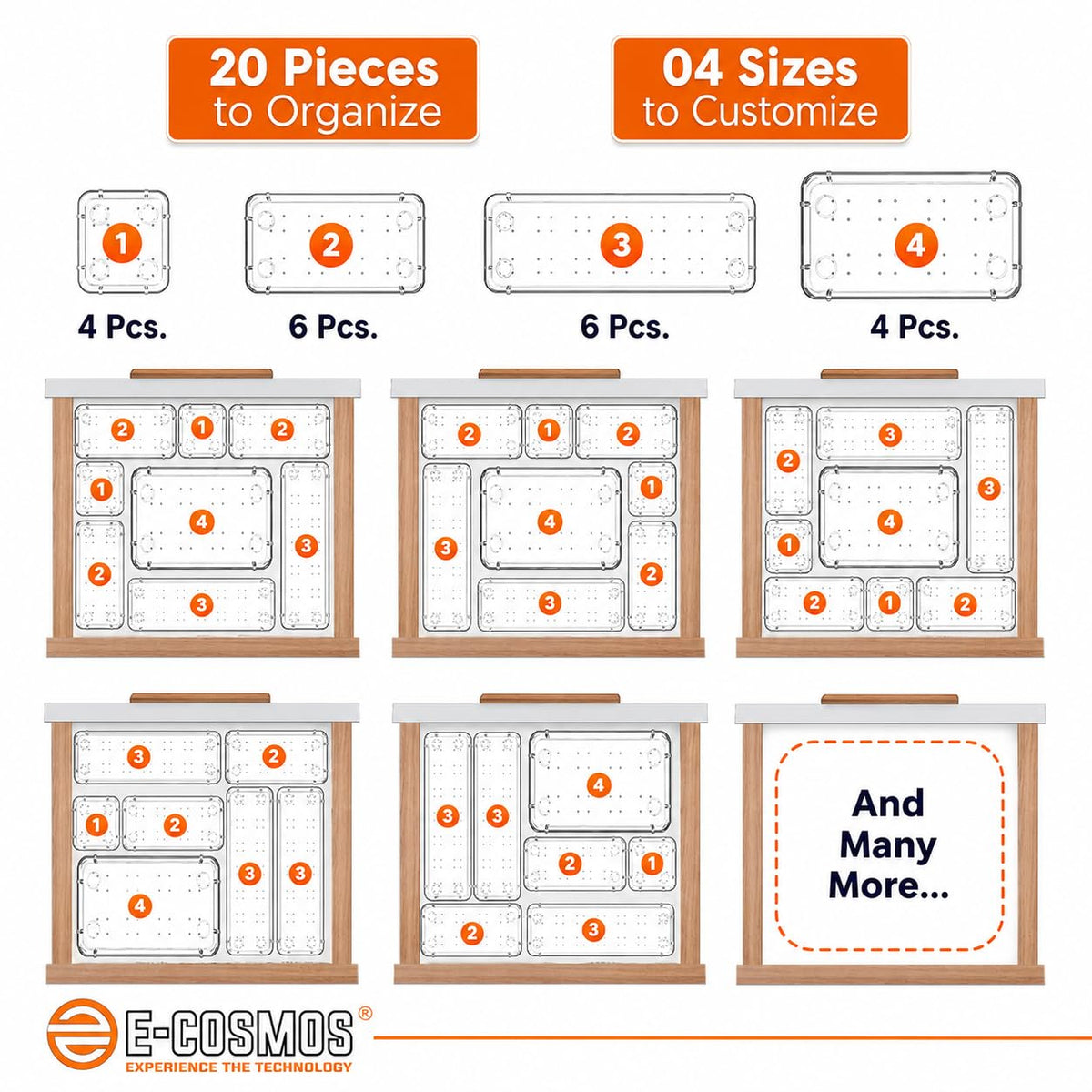 E-COSMOS® 20-Pack Transparent Drawer Organizers, Durable Polypropylene Storage Boxes, Multi-Purpose Divider Trays for Dressing Table, Vanity, Kitchen, and Office