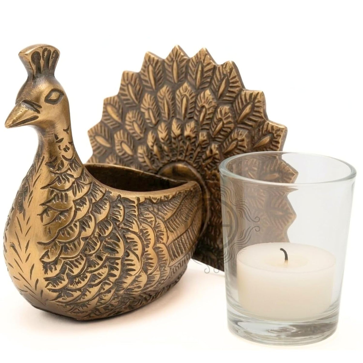 DSH Decorative Dancing Peacock Tealight Candle Holder Set of 2 with Glass Votive Antique Gold Metal Candle Stand for Home Decor, Table Centerpiece, Diwali & Gifting