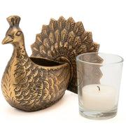 DSH Decorative Dancing Peacock Tealight Candle Holder Set of 2 with Glass Votive Antique Gold Metal Candle Stand for Home Decor, Table Centerpiece, Diwali & Gifting