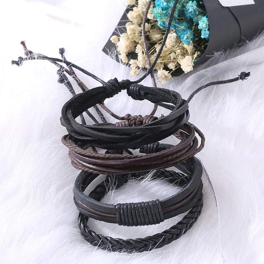 Shining Diva Fashion Multicolour Genuine Leather Stylish Bracelets for Men and Boys-(9870b, Set of 4)