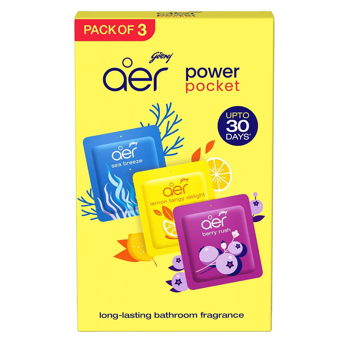 Godrej aer Power Pocket Bathroom Freshener – Assorted Pack of 3 (30g)| Lasts up to 30 days | Germ Protection