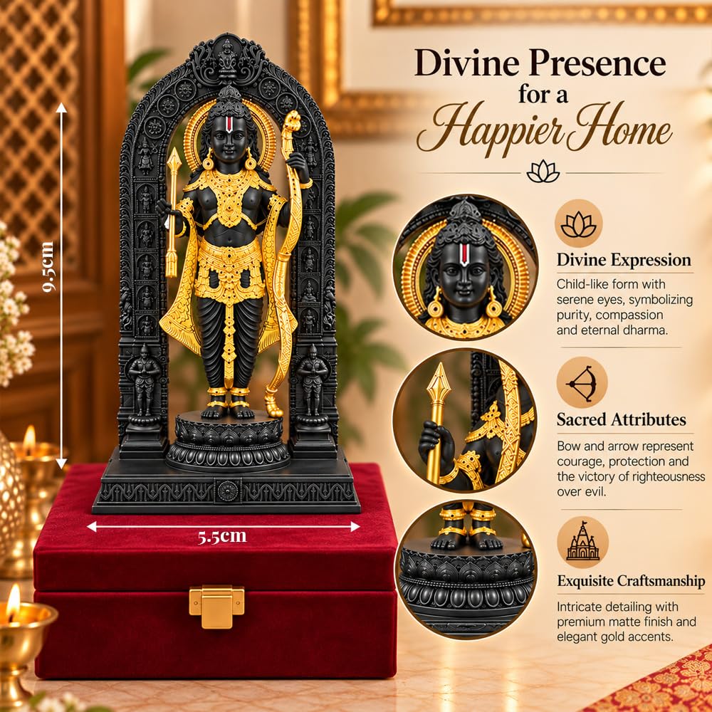 DIVINITI 24K Gold-Plated Ram Lalla Idol | Lord Ram Murti with Bow for Home Temple, Pooja Room, Office & Table Decor | Premium Gift Box | 9.5 x 5.5 CM