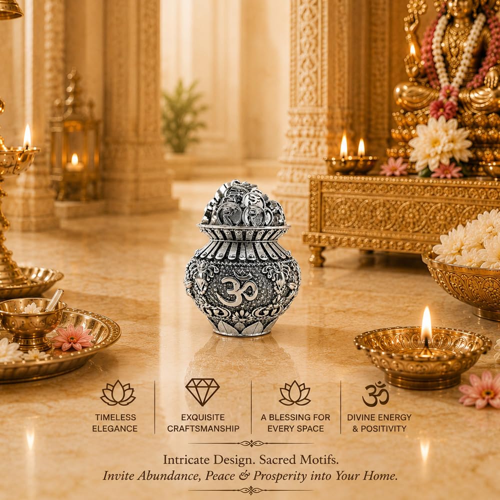DIVINITI Silver Plated Kalash for Pooja with Coins & Velvet Gift Box