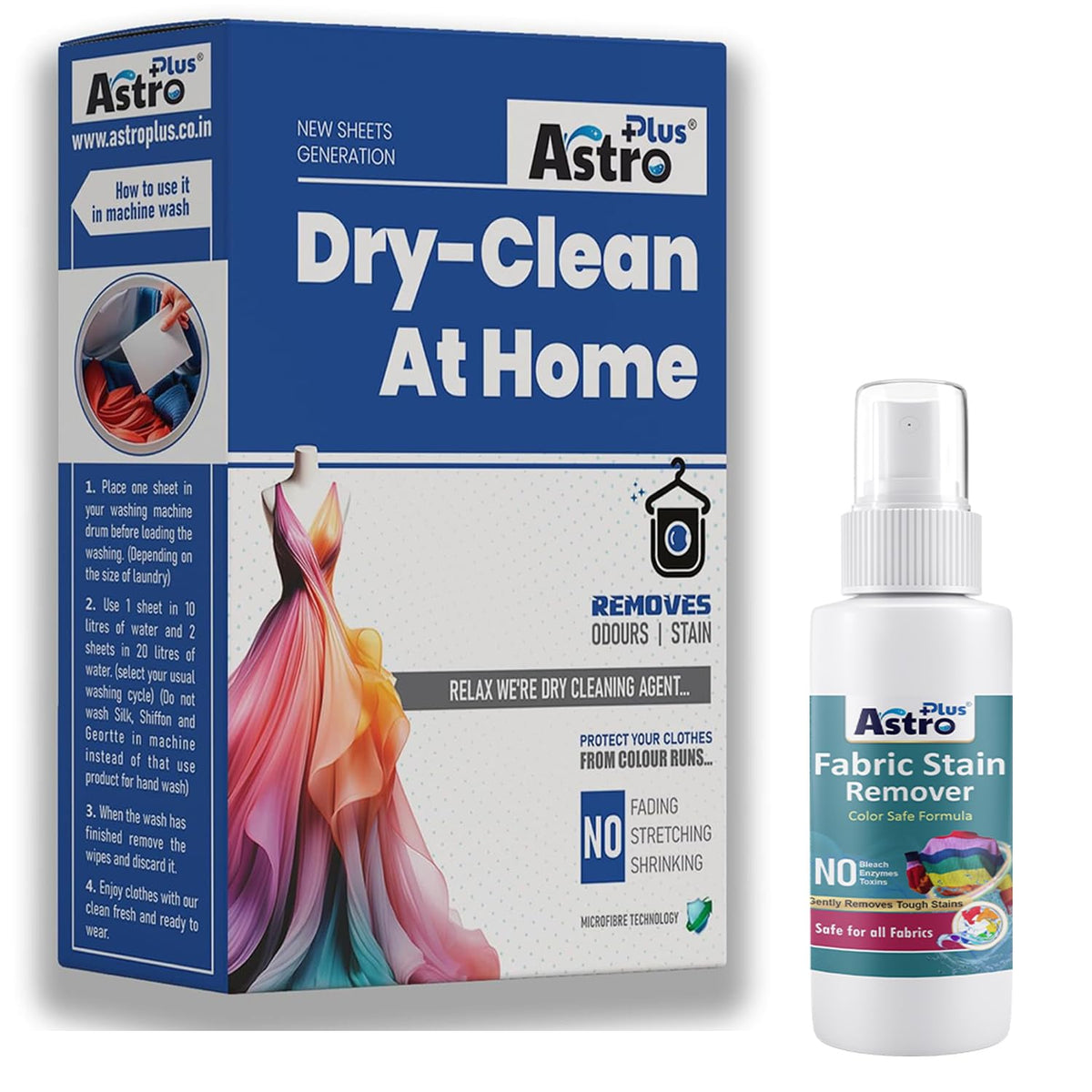 ASTRO PLUS+ Cloths Dry Clean at Home Liquid Wipes | Cleaning Technology for Silk Saree and Chiffon Cotton Georgette Linen and Woolen (10 Wipes) | Get Free Fabric 100ML Stain Remover