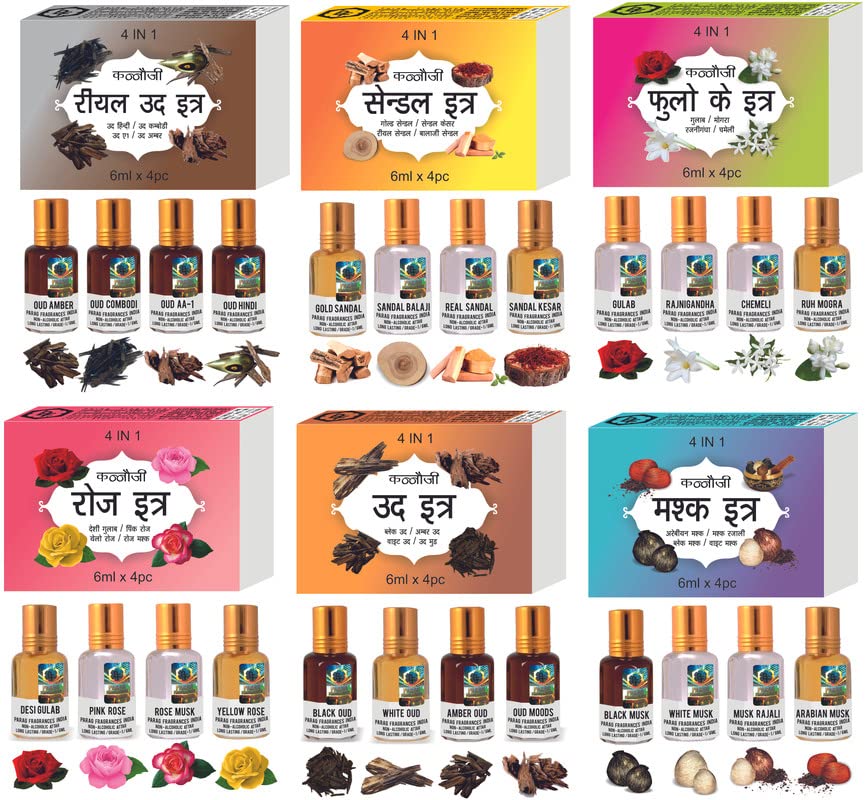 Parag Fragrances Musk Attar 4 in 1 Combo (Black, White, Razali & Arabian) Real, Natural & Alcohol-Free Grade 1 Attar/Long Lasting Perfume, Unisex, Oil, 6 Ml