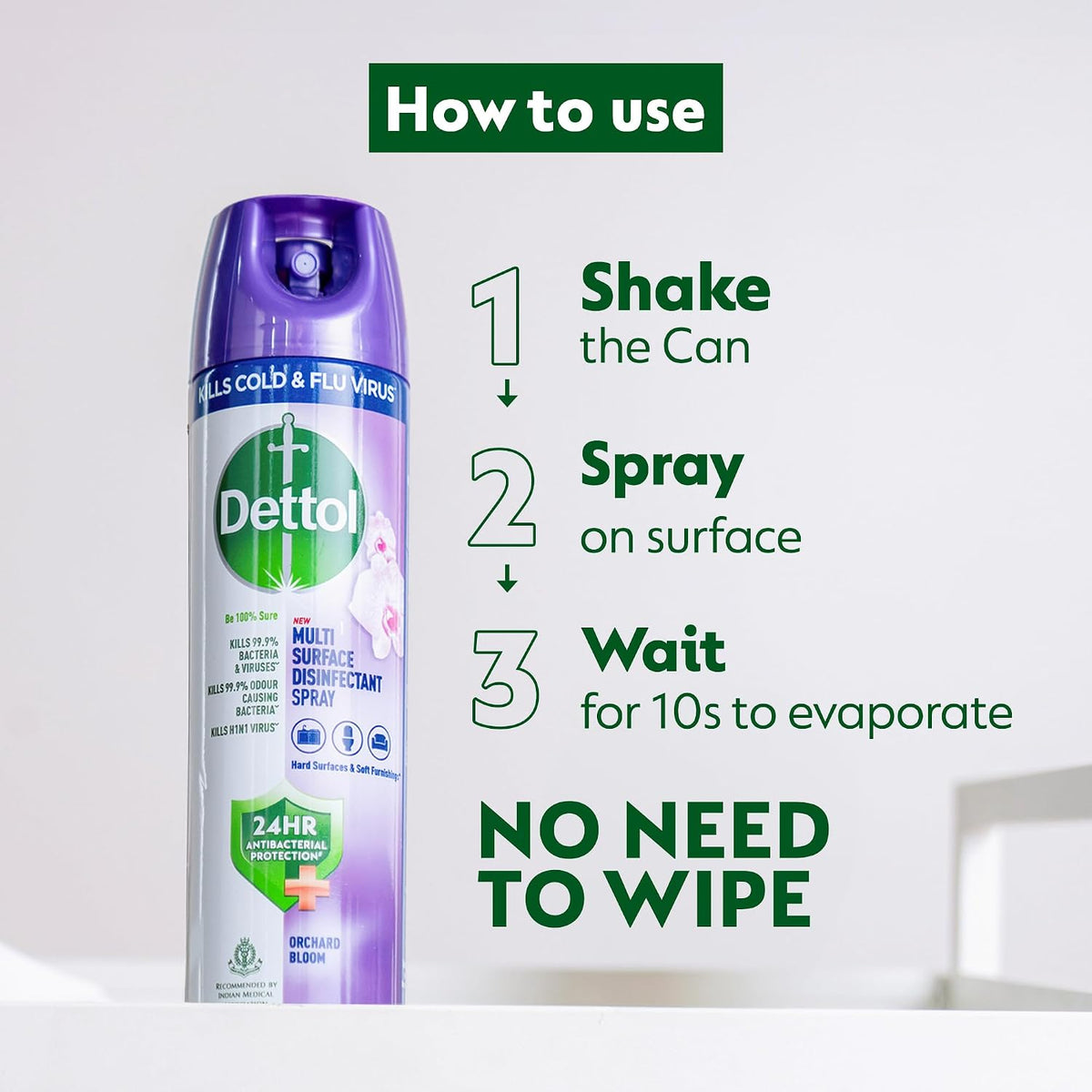 Dettol Multi-Surface Disinfectant Sanitizer Spray Bottle | 24 hours protection| Germ Kill on Hard and Soft Surfaces (Orchard Bloom, 225ml)