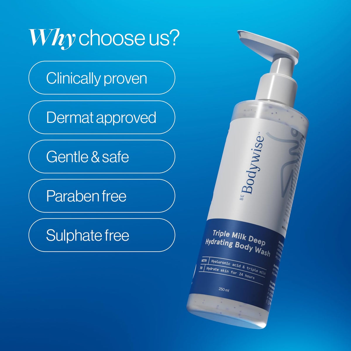 Be Bodywise Triple Milk Deep Moisturizing Body Wash 250ml |For Dry & Dehydrated Skin | With 6% Triple Milk Extracts & 3% Hydrating Boosters | Lasting Hydration & Skin Barrier Support | Paraben & SLS Free