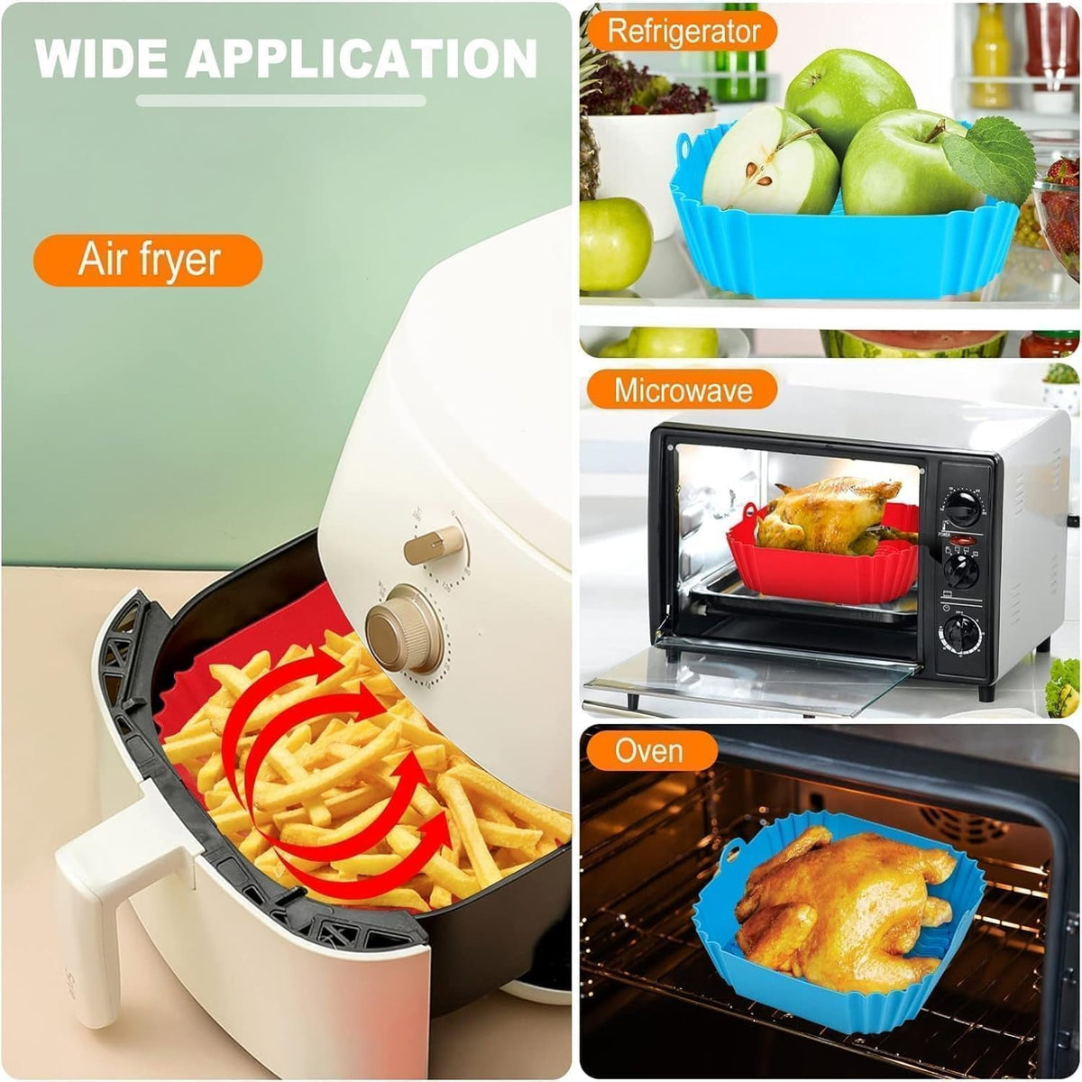 E-COSMOS® Square Silicone Air Fryer Liners (Set of 2), 8-Inch Reusable Nonstick Baking Trays with Handles,Heat Resistant Air Fryer Oven Accessories, Multicolor