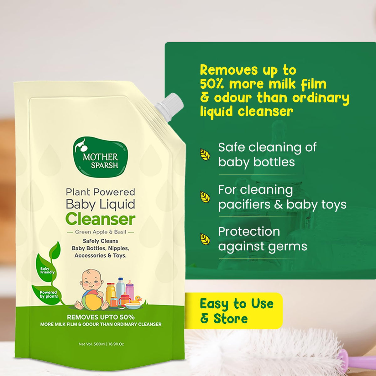 Mother Sparsh Natural Baby Liquid Cleanser 1000ml (Powered by Plants) Cleanser for Baby Bottles, Nipples, Accessories and Toys, Refill Pack