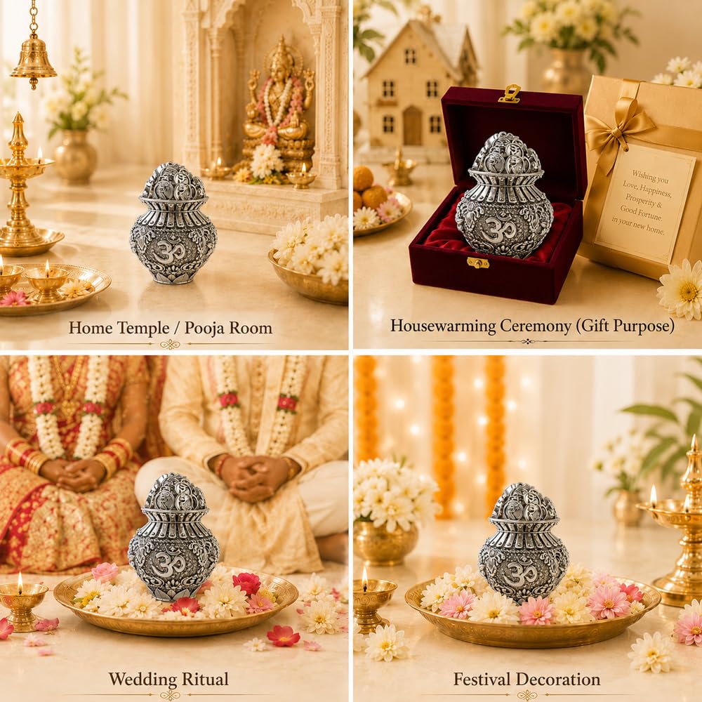 DIVINITI Silver Plated Kalash for Pooja with Coins & Velvet Gift Box