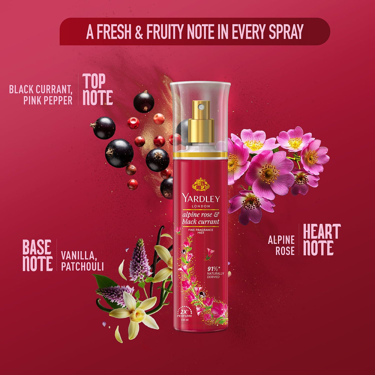 Yardley London Alpine Rose & Black Currant Fine Fragrance Mist Spray| 2X Perfume Spray For Women| 91% Naturally Derived| 135ml