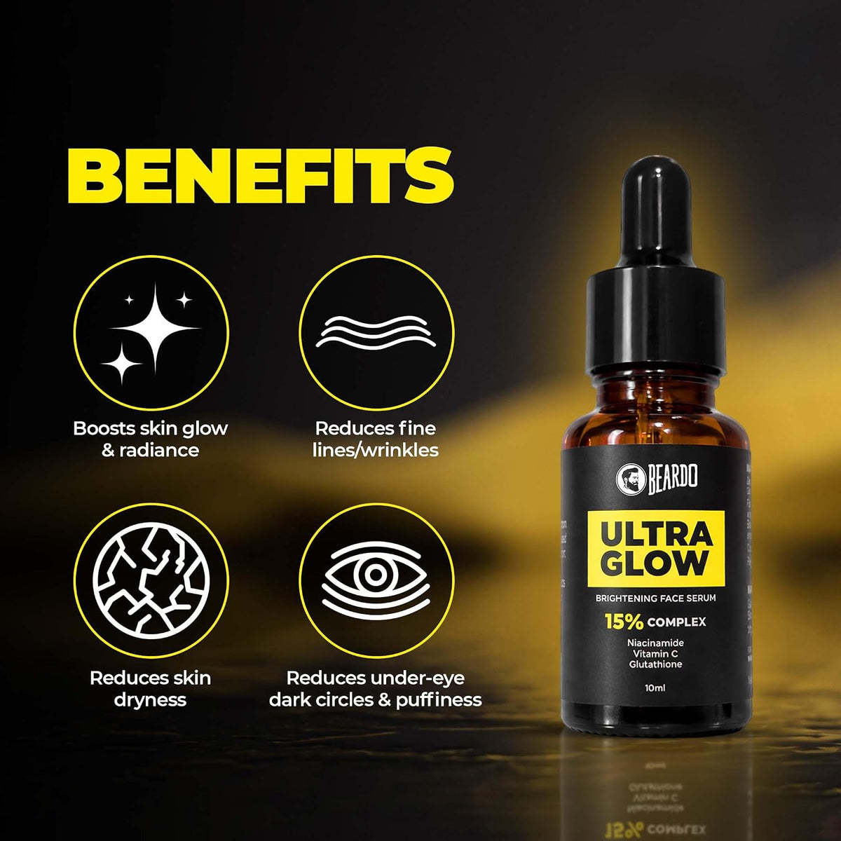 Beardo Ultra Glow Brightening Face Serum for Men | Powered by 15% Niacinamide, Vitamin C, Glutathione | Simple Serum for Men | Brightening Face Serum – 10ml