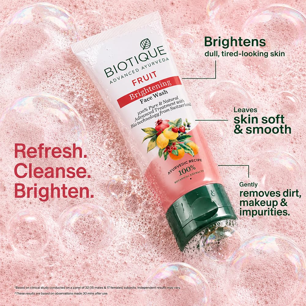 Biotique Fruit Brightening Face Wash| Ayurvedic and Organically Pure| Advanced Swiss Technology |100% Botanical Extracts| Suitable for All Skin Types | 100mL