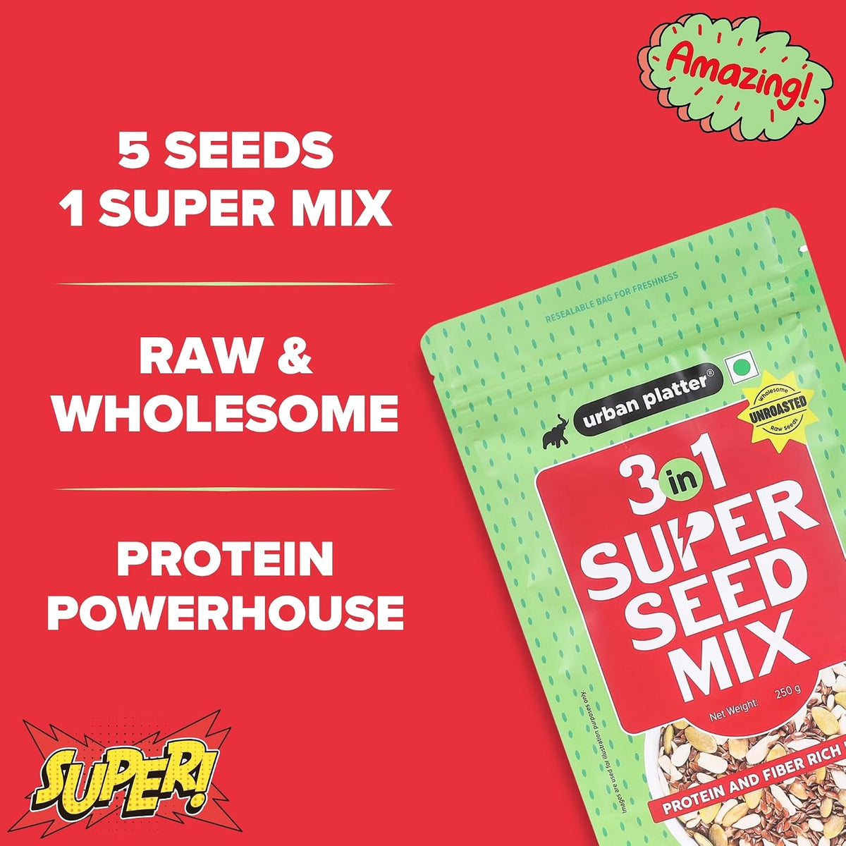 Urban Platter Unroasted 3-in-1 Super Seed Mix, 250g (High Protein & Fiber | Pumpkin, Sunflower & Flax Seed Blend | Raw & Ready-to-Eat Superfood Snack)
