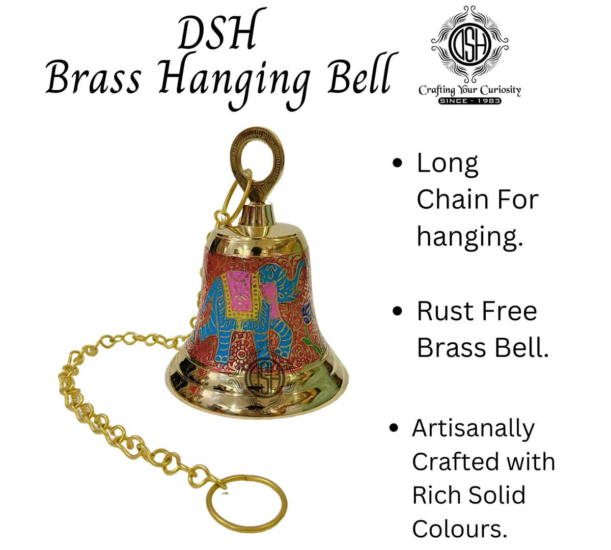 DSH Brass Multicolour Wall Hanging Bell Ghanta with Chain Temple Bell for Home Decor Wall Door Mandir Temple Pooja (Red, H-7 Inch)