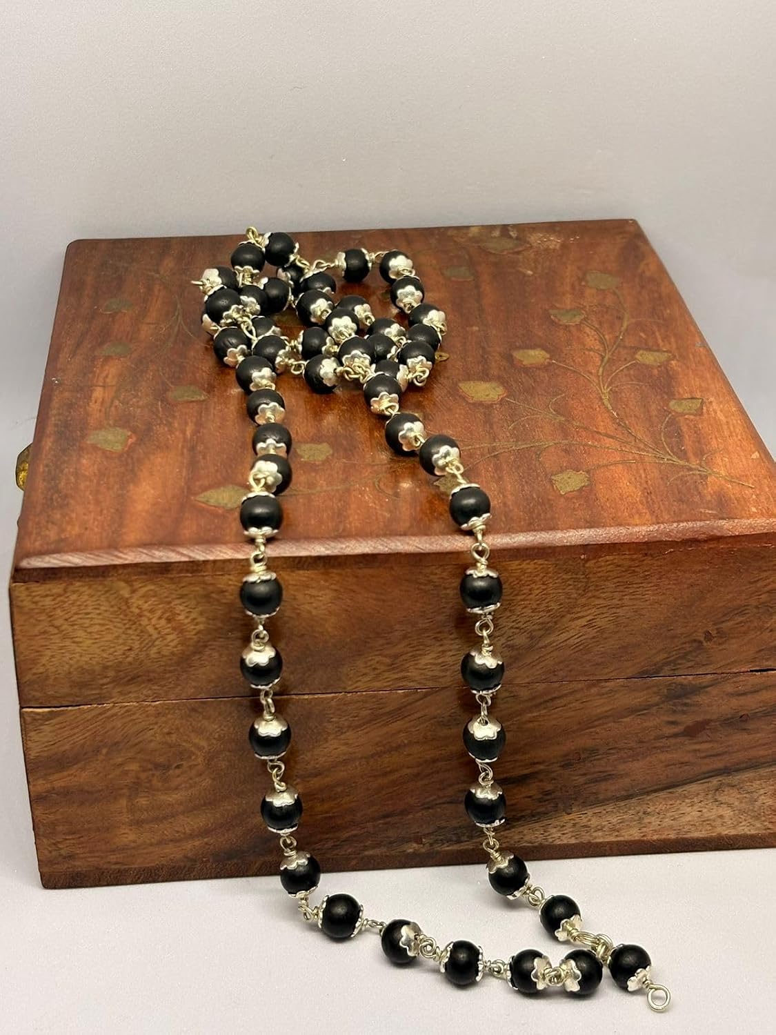 RUDRADIVINE Silver Plated Original Karungali Mala (Natural Ebony Wood Beads) – Spiritual Protection Necklace for Men & Women | Meditation, Puja & Negative Energy Protection