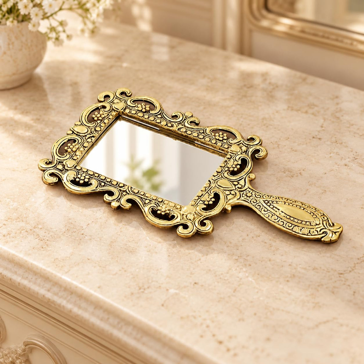 KridayKraft Beautifully Carved Square Shape Gold Plating Metal Hand Mirror for Makeup, Travelling, Salon Mirror & Decorative Antique Item, framed