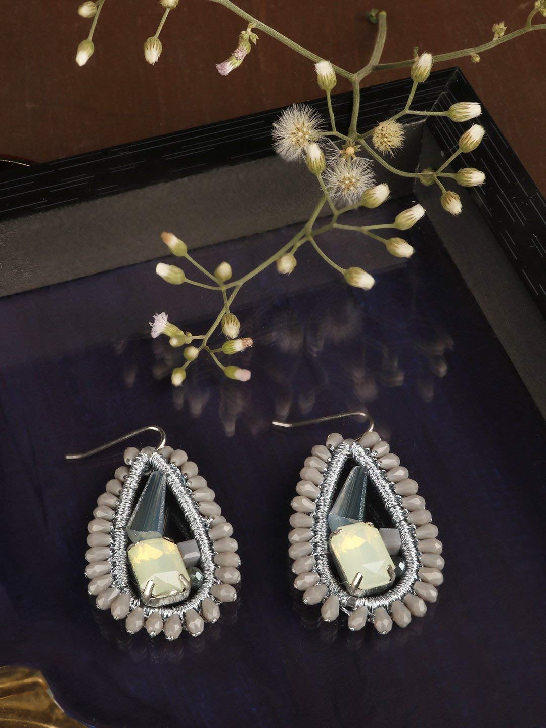 Priyaasi Prita Stones Studded Drop Earrings in Grey and Silver Color, One Size (DC-EAR-50270)