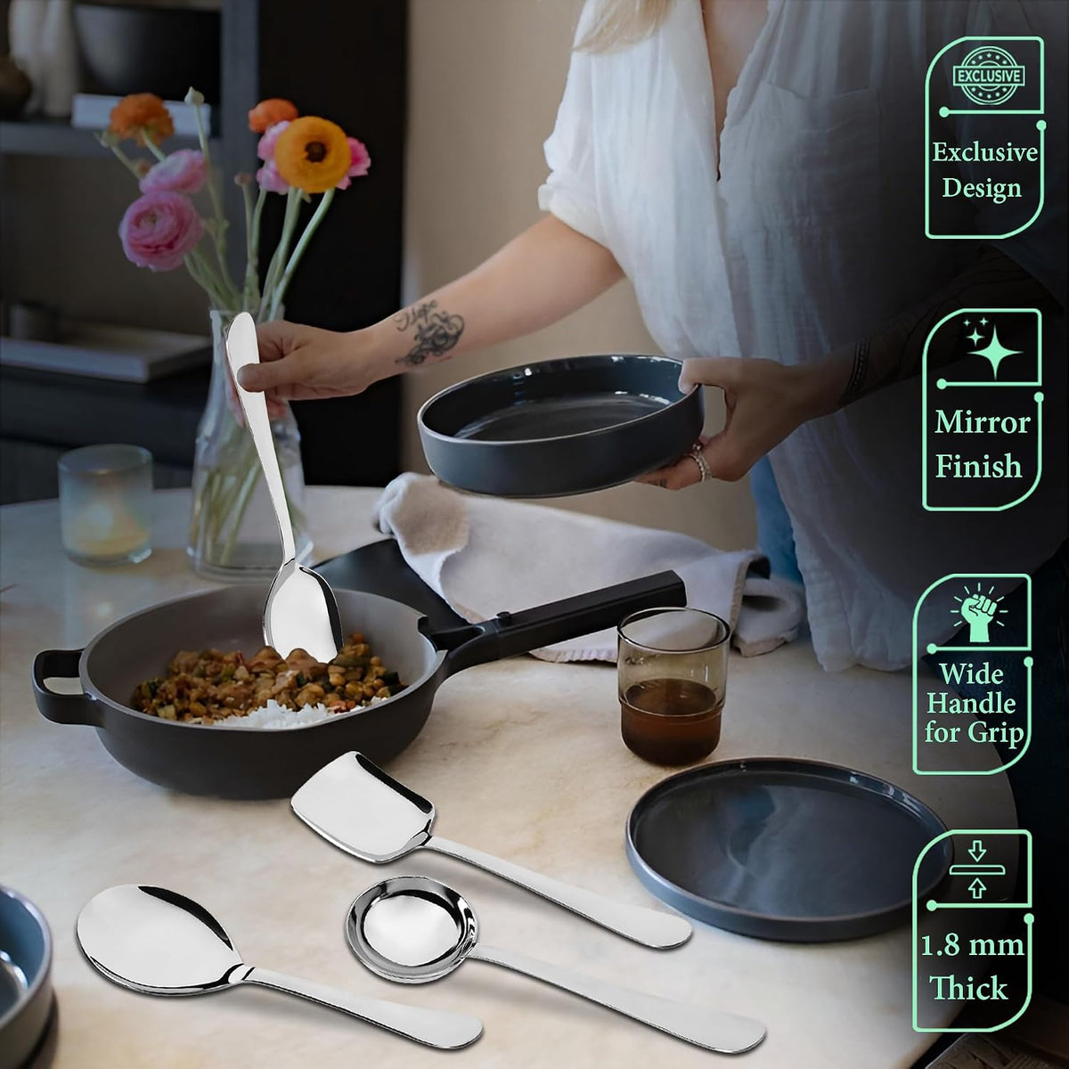 Parage 4 Pieces Stainless Steel Serving Spoons Set for Dining Table/Kitchen, 1.8 mm Heavy Gauge (1 Soup Ladle (Karchi), 1 Solid Spoon (Chamcha), 2 Rice/Serving Spoons), Silver (Pack of 4)