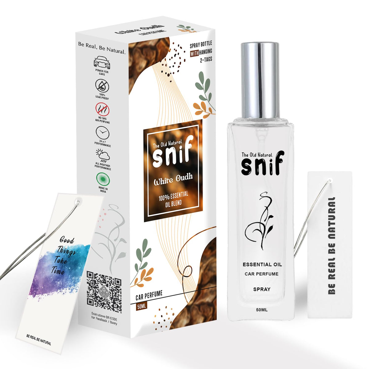 The Old Natural Spray Car Perfumes with Essential Oils Fragrance in Glass bottle with 2 Hanging Tags | Car Air Fresheners 50ml (White Oudh)