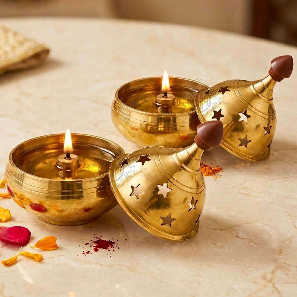 DSH Brass Diya Pure Brass Traditional Oil Puja Lamp for Temple, Mandir, Festival Decoration, Home Decor & Diwali Gift (Star Dome, Set of 2)