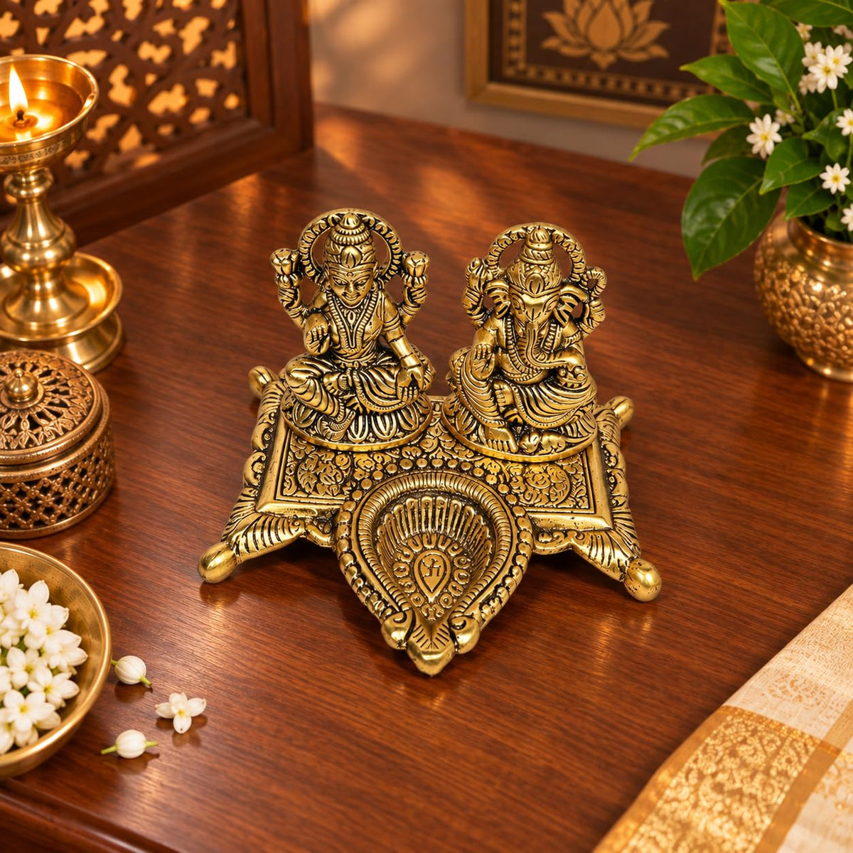 KridayKraft White Metal Gold Plated Diwali Laxmi Ganesh Chocki God Idol with Metal om Shape Incense Stick Holder