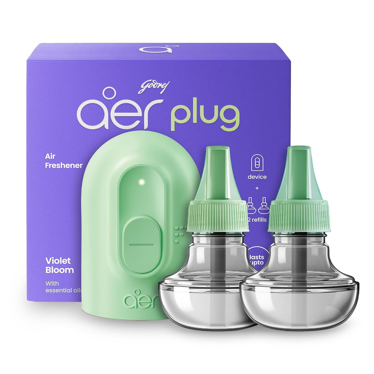Godrej aer Plug Electric Air Freshener (Machine + 2 Refills (25ml each) | Violet Bloom | Lasts up to 120 days