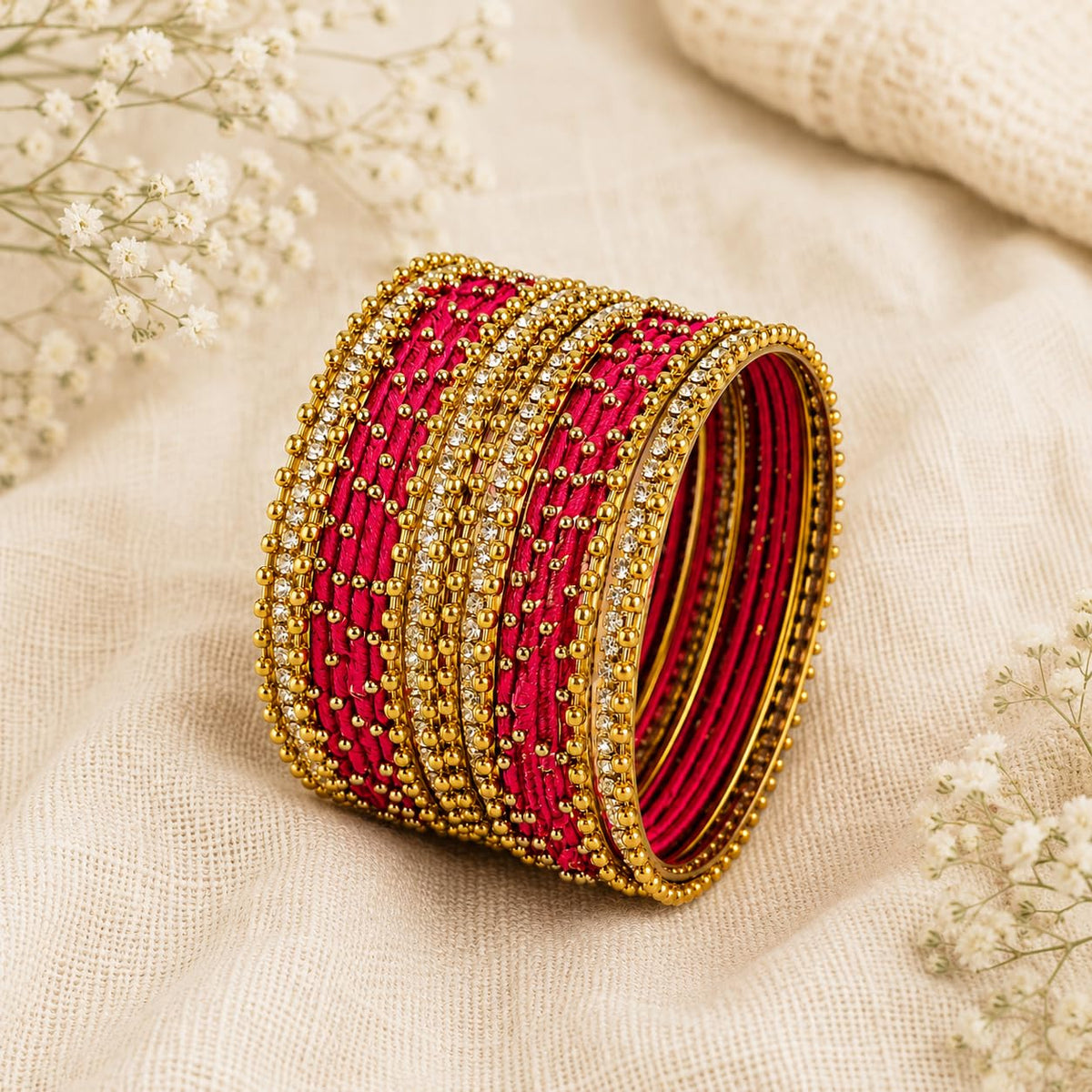 NMII Non-Precious Metal with Base Metal and Zircon Gemstone Studded Ball Chain Linked Glossy Finished Silk thread Bangle set for Women and Girls