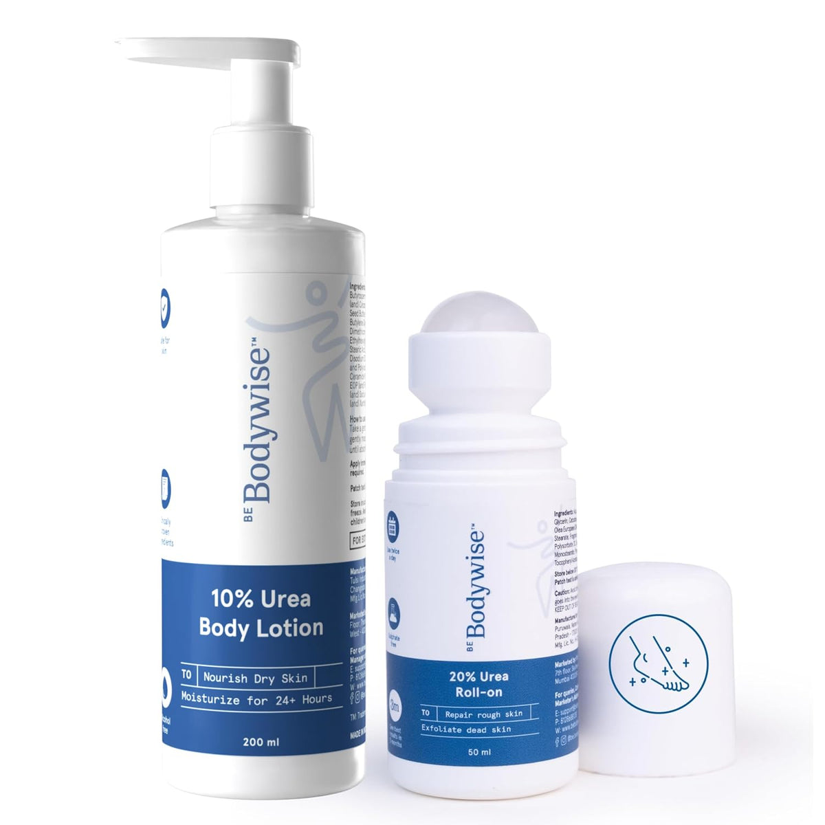 Be Bodywise Dry Skin & Heel Repair Kit | Deeply Hydrates & Exfoliates Skin | Infused with Ceramides | 20% Urea Foot Roll On (50ml) + 10% Urea Body Lotion (200ml)