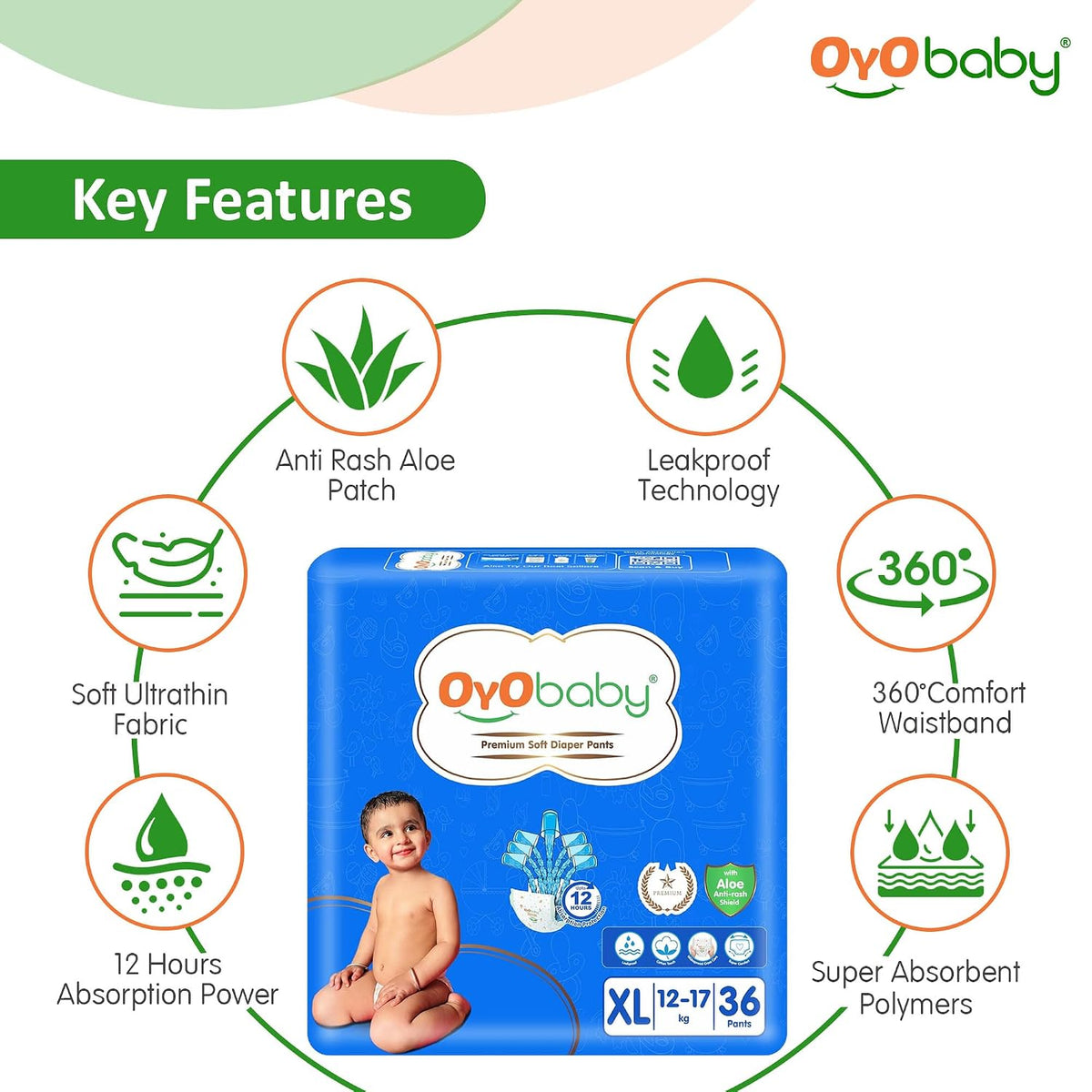 OYO BABY Pant Style Baby Diapers, Pack of 1 - X-Large (XL), 36Count, for Babies 12-17kg, with Aloe Vera Lotion for Rash Protection & Up to 12 Hours Protection