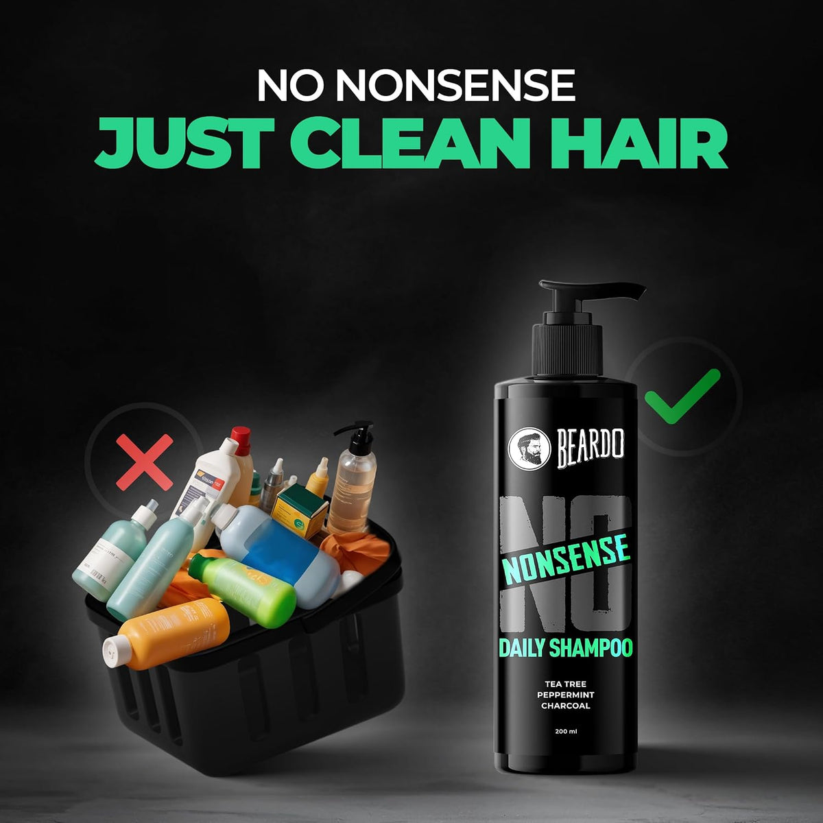 Beardo No Nonsense Daily Shampoo for Men 200ml | For Healthy, Clean Scalp | Anti-inflammatory Peppermint, Tea Tree Fights Dandruff | Activated Charcoal Detoxifies Scalp | Paraben Free | Daily Use Shampoo for Stronger, Cleaner Hair