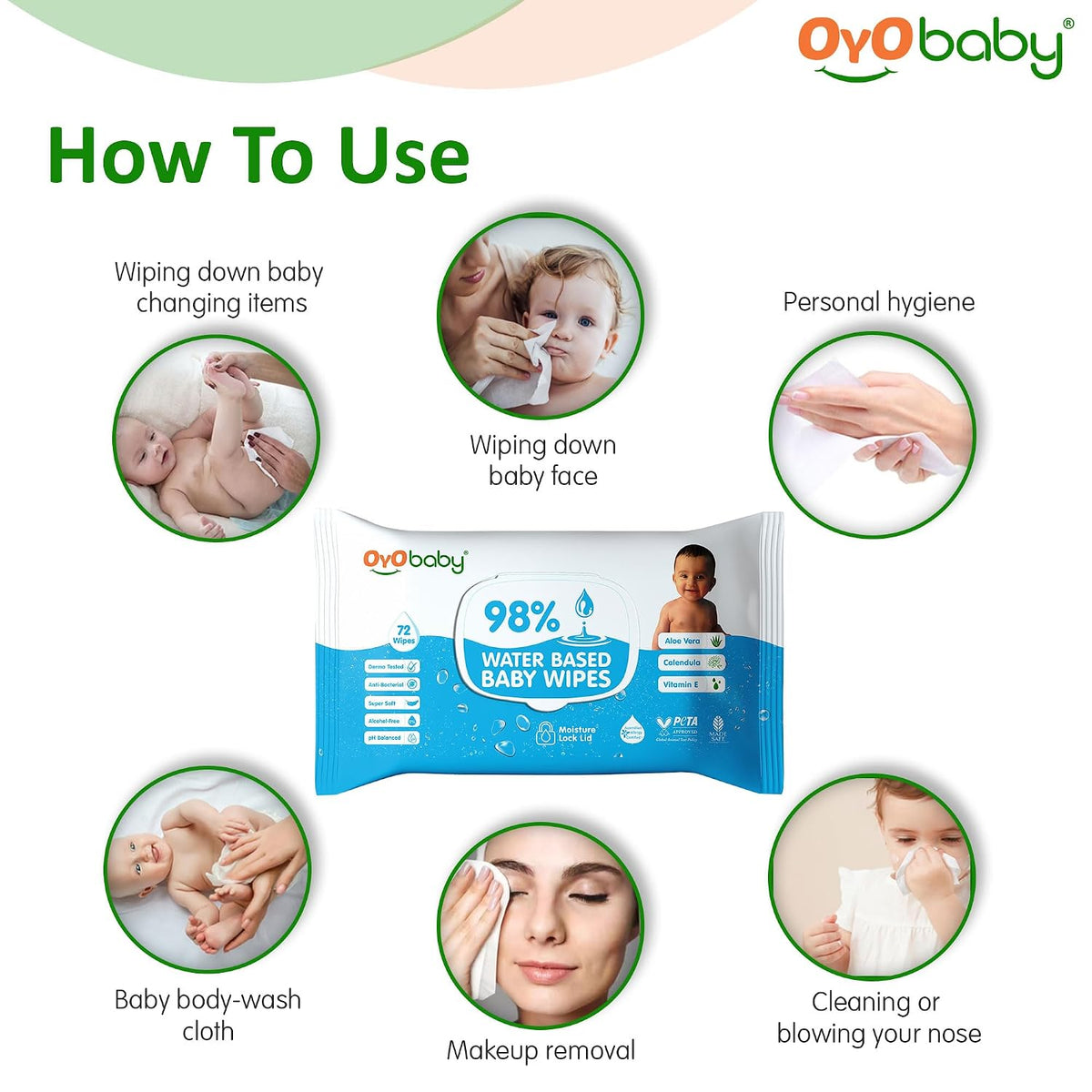 OYO BABY Pure Water Baby Wipes 98% - Gentle and Refreshing Wet Wipes for Your Newborn pack of 3x72 Pcs with Lid