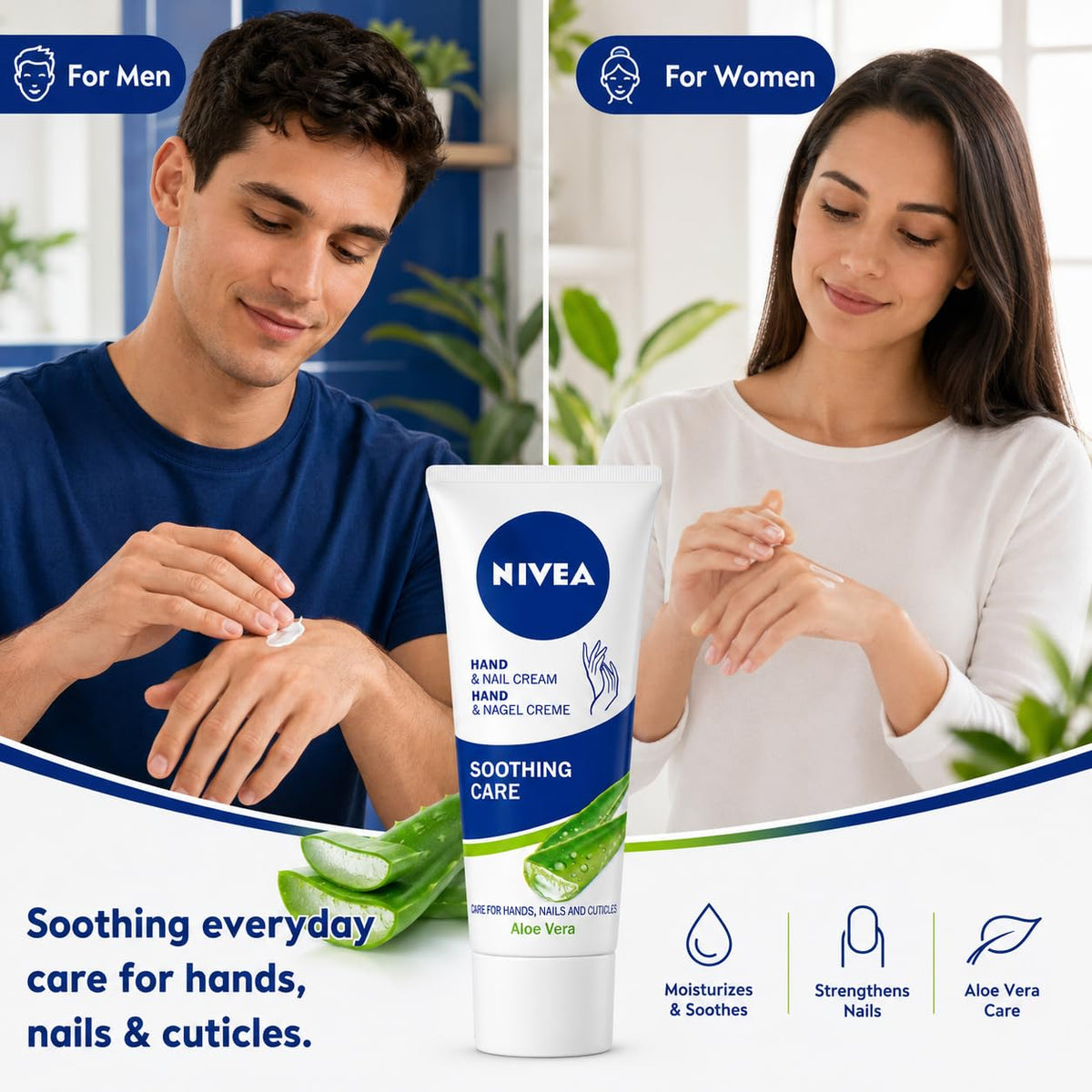 NIVEA Hand & Nail Cream Soothing Care with Aloe Vera, Moisturising Care for Dry Hands, Nails & Cuticles, 75 ml