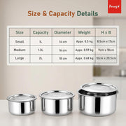 Parage 3 Pieces Tri-Bond Stainless Steel Tope Set with Lid, 1 L, 1.3 L & 2 Liter, Triply Bottom Patila, Bhagona/Bhigona Set for Gas & Induction Compatible, Boiling Cooking Pots (Size No. 11, 12 & 13)