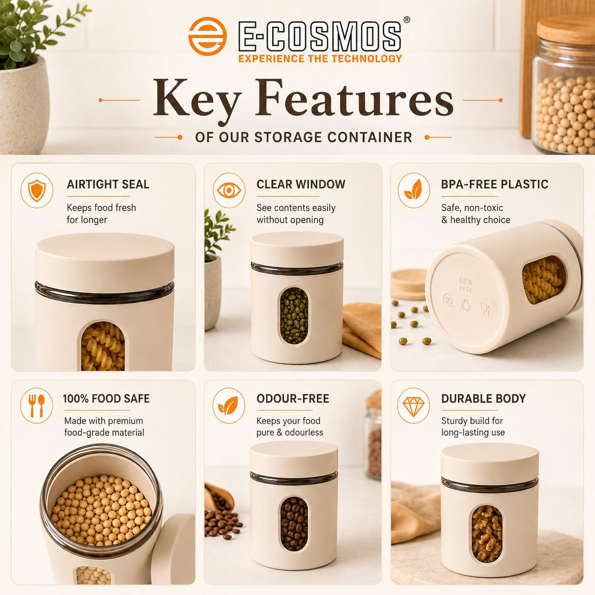 E-COSMOS® 500 ml Plastic Kitchen Storage Container Pack of 4 - Airtight Oval Container with Clear Window for Snacks, Tea, Coffee & Dry Fruits (Multicolor) (Pack Of 4, 500, Milliliters)