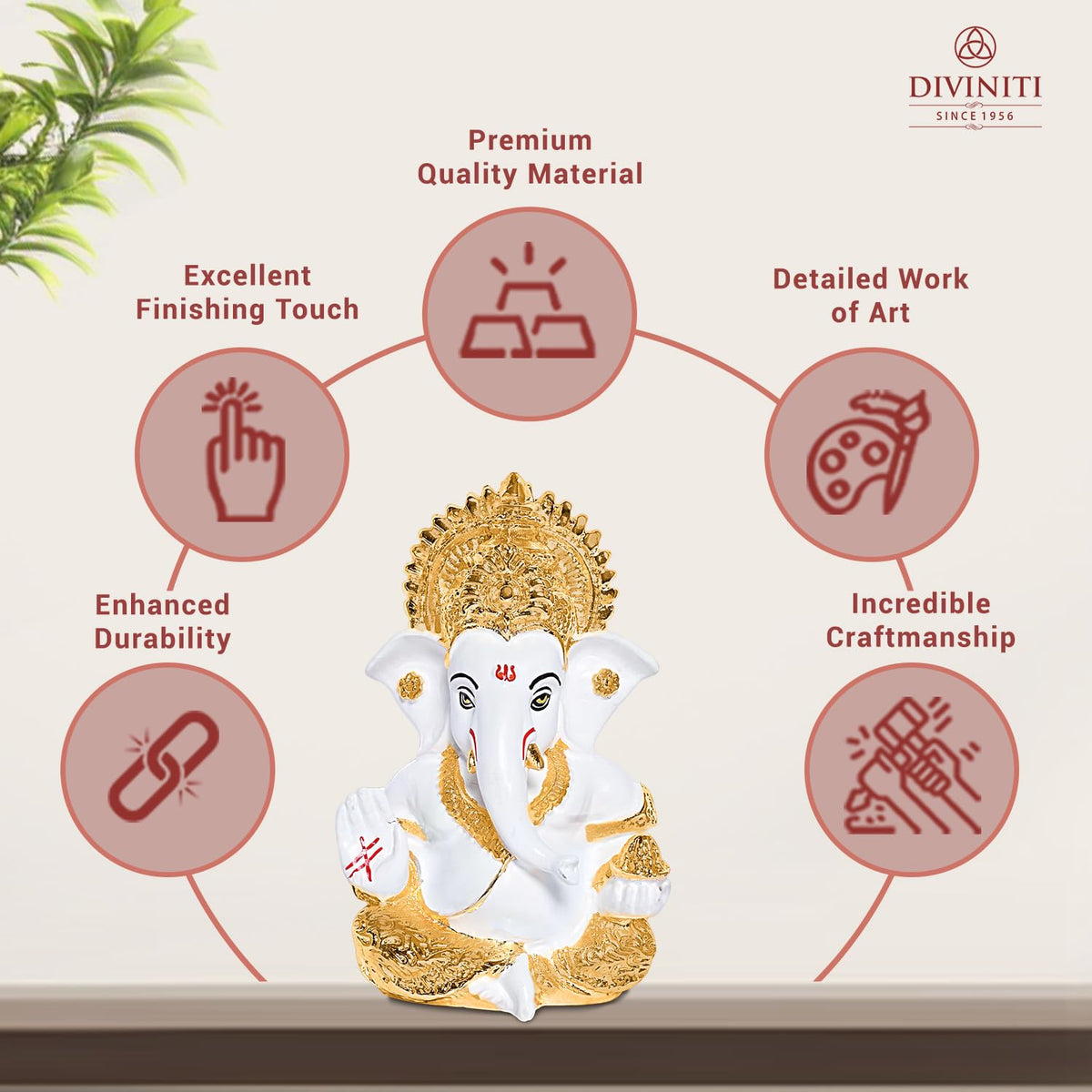 DIVINITI 24K Gold Plated Resin Lord Ganesha Idol for Car Dashboard, Tabletop|Ganesh Statue for Good Luck and Success|Ganpati Murti for Home Decor Mandir, Office Desk Puja Gift White & Gold (8.4x4.2cm)