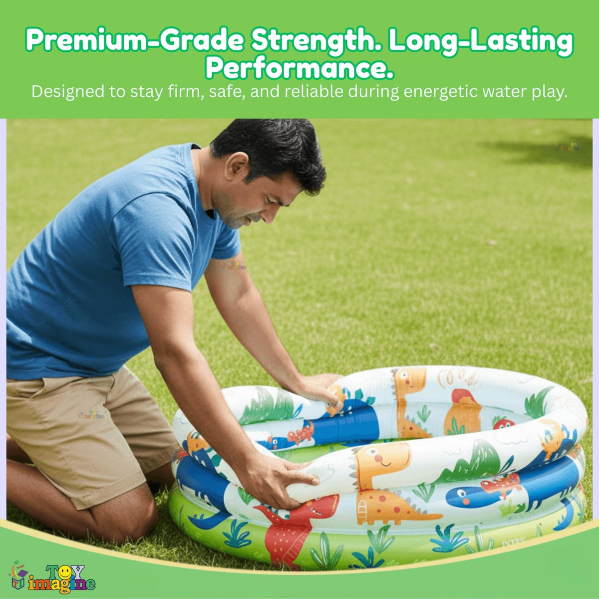 Toy Imagine Swimming Pool for Kids | 3-Ring Baby Bath Tub for Kids 3–6 Years | Portable Inflatable Kiddie Pool Indoor & Outdoor Water Fun | Perfect for Holi & Summer Play Dino Buddies (2 feet)