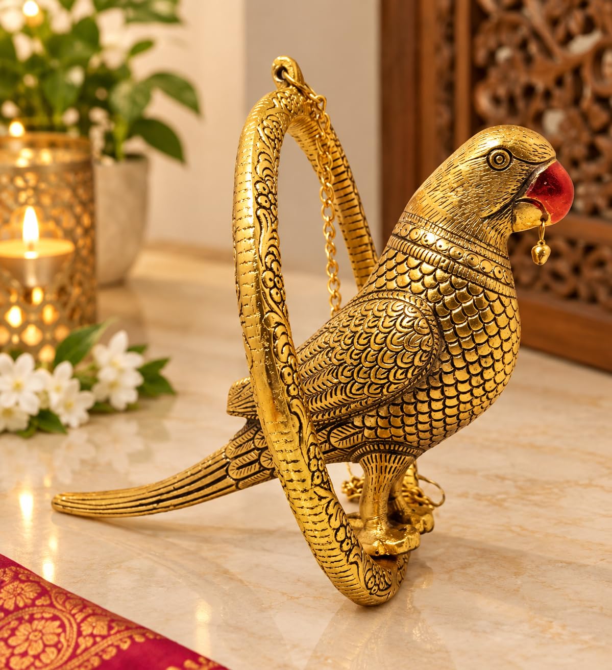 KRIDAY Kraft Gold Parrot Door Hanging, 30 cm Decorative Bird Wall Hanging with Chain for Main Door, Living Room, Office, Covered Balcony, Wedding and Housewarming Gift
