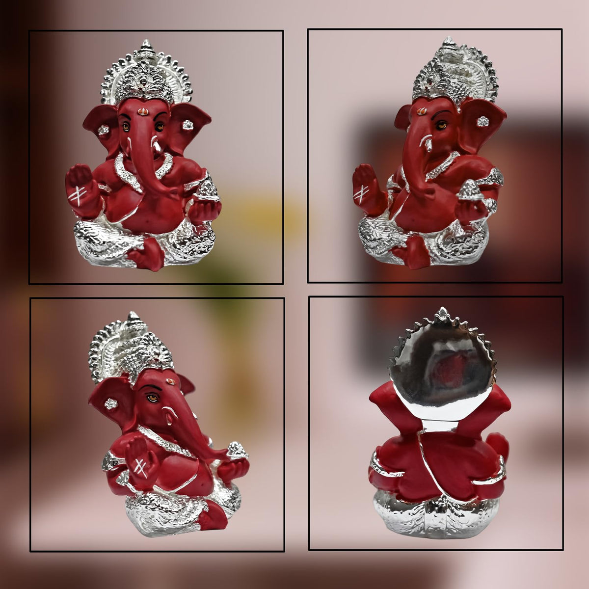 DIVINITI 999 Silver Plated Ganesh Idol for Office Desk Puja Room God Ganesha Idol for Home Decor Ganpati for Gift 3.5 inches (8.89 x 5.08 cm) (Mukut Silver red), Religious