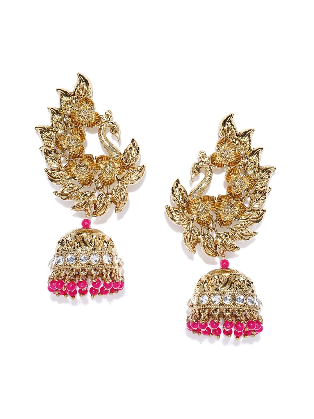 Priyaasi Gold-Plated Peacock Inspired Jhumka Drop Earrings with Pink Beads Drop